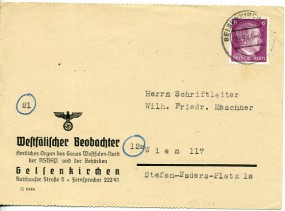 1944, 29.Sep., Kte. m. EF. GELSENKIRCHEN. a(Handstpl.) nach Wien. Porto: RM 0.06.