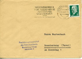 1962, 19.Jun., Bf.m. EF. BRANDENBURG (HAVEL) 1 aa - WELTKONGRESS FÜR ALLGEMEINE ABRÜSTUNG...