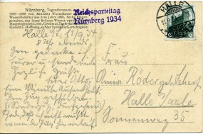 1934, 11.Sep., Ans.-Kte. m. EF. HALLE (SAALE) 3 *d(Handstpl.) nach Halle. Porto: DM 0.06...