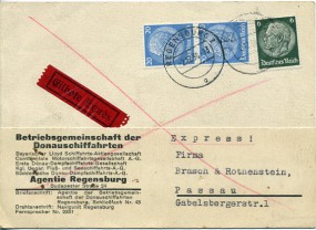 1938, 2.Dez., Eil-Kte. m. MiF. REGENSBURG 2 o(Handstpl.) nach Passau. Porto: RM 0.46.