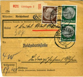 1938, 12.Mai , W-Paketkte. m. MiF. GÖTTINGEN 2 e(Handstpl.) nach Ludwigshafen. Porto: RM...