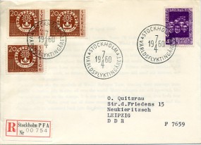1960, 7.Apr., R-FDC m. MiF. STOCKHOLM - VÄRLDSFLYKTINGSARET(So.-Stpl.) nach NEUKIERITZS...