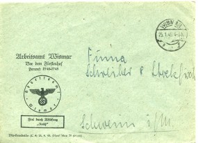 1945, 25.Jan., Bf. WISMAR 1(Handstpl.) nach Schwerin. Abs.: Arbeitsamt.