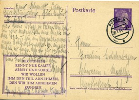 1944, 8.Jan., 6Pfg.-GA-Kte. POSEN 9 e(Handstpl.) nach Schwerin. Porto: RM 0.06.