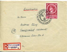 1944, 20.Apr., R-Bf.m. EF. AMSTERDAM DEUTSCHE DIENSTPOST NIEDERLANDE - DEUTSCHLAND WIRD S...