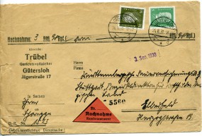 1930, 26.Aug., NN-Bf.m. MiF. GÜTERSLOH **d(Handstpl.) nach Elberfeld. Porto: RM 0.35.