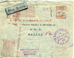 1946, 10.Sep., Lp.-Bf. PARIS VIII(rot.Schalterfreistpl.) nach Easton, PA(U.S.A.). Porto:...