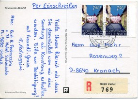 1989, 1.Jun., R-Ans.-Kte. m. MeF. 9490 VADUZ 9g(Handstpl.) nach Deutschland. Porto: Fr.2...
