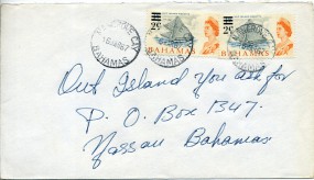 1967, 16.Mrz., Bf.m. MeF. MANGROVE CAY BAHAMAS(Handstpl.) nach Nassau. Porto: $0.04.