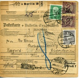 1930, 1.Dez., Paketkte. m. MiF. BERLIN SW19 *i(Handstpl.) nach ZAGREB 2(Jugoslawien). ...