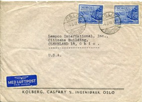 1948, 4.Mrz., Lp.-Bf.m. MeF. OSLO RODELØKKA(Handstpl.) in die U.S.A. Porto: Kr.0.80.