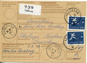 1962, 5.Mrz., NN-Zahlkarte m. MeF. TÄLLBERG(Handstpl.) nach DREVVIKEN. Porto: Kr.2.40....