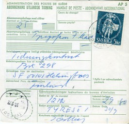1972, 30.Sep., Postanweisung m. EF. TYRESÖ 1 F(Handstpl.) nach HELSINKI(Finnland). Pos...