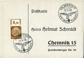 1938, 18.Sep., Drucks.-Kte. m. EF. HALBERSTADT - FEST DER FLIEGER(So.-Stpl.) nach Chemni...