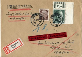 1942, 5.Sep., R-Eil-Bf.m. MiF. CHEMNITZ 4 aa(Handstpl.) nach DRESDEN A5 h. Postlaufzei...