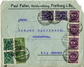 1923, 15.Mai , Bf.m. MiF. FREIBURG (BREISGAU) 1 *v(Handstpl.) nach ZUG VII(Schweiz). P...