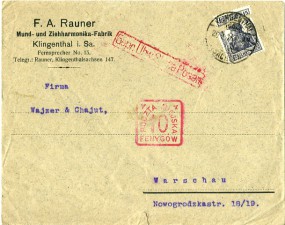 1918, 20.Jan., Bf.m. EF. KLINGENTHAL (SACHSEN) *a(Handstpl.) nach Warschau(Polen). Sonnt...