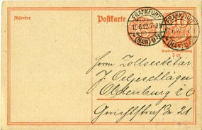 1922, 17.Jun., 40&85Pfg.-GA-Kte. FRANKFURT (MAIN) *9 qq(Handstpl.) nach Oldenburg. Porto...