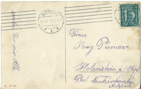 1921, 30.Dez., Ans.-Kte. m. EF. NÜRNBERG 1 **(Masch.-Stpl.) nach Holenstein. Porto: M 0....