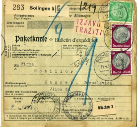 1937, 13.Apr., Paketkte. m. MiF. SOLINGEN 5 a(Handstpl.) über MÜNCHEN 3 f HAUPTSTADT DE...