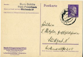 1943, 13.Aug., 6Pfg.-GA-Kte. STUTTGART-FEUERBACH 2.(Handstpl.) nach Stuttgart. Porto: RM...