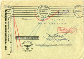 1942, 11.Apr., unfrank.Bf. HAMBURG 1 b(Masch.-Stpl.) nach Bremen. Taxiert m. RM 0.12. Ab...