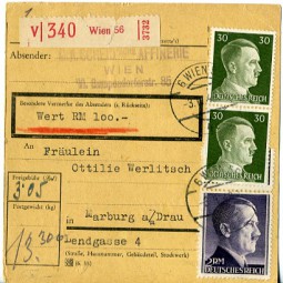 1943, 3.Apr., W-Paketkte. m. MiF. 6 WIEN 56 4c(österr. Handstpl.) nach Marburg (Drau). P...