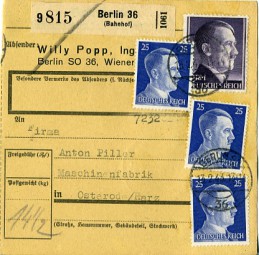 1943, 13.Feb., Paketkte. m. MiF. BERLIN SW36.(Handstpl.) nach Osterode. Porto: RM 2.75.