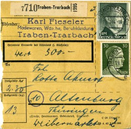 1944, 19.Mai , Paketkte. m. MiF. TRABEN-TRARBACH e(Handstpl.) nach Altenburg. Porto: RM ...