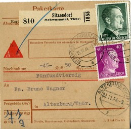 1944, 15.Nov., NN-Paketkte. m. MiF. SITZENDORF (SCHWARZATAL, THÜR) a(Handstpl.) nach AL...