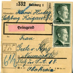 1944, 18.Feb., Paketkte. m. MiF. SALZBURG 1.(österr. Handstpl.) nach NEUMARKTL (OBERKRA...