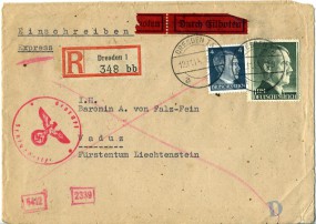 1944, 12.Nov., R-Eil-Bf.m. MiF. DRESDEN TA a(Handstpl.) nach VADUZ IX(Liechtenstein). ...