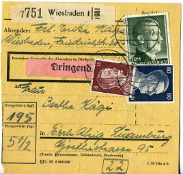 1944, 8.Jun., Paketkte. m. MiF. WIESBADEN 1 t(Handstpl.) nach ESCH (ALZIG) g. Postlauf...