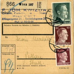 1943, 28.Jan., Paketkte. m. MiF. . WIEN.. 6b(österr. Handstpl.) nach Pettau. Porto: RM 1...