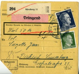 1944, 9.Mrz., Paketkte. m. MiF. NÜRNBERG 11 a DIE STADT DER REICHSPARTEITAGE(Handstpl.) ...