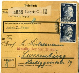 1943, 1.Sep., Paketkte. m. MiF. LEIPZIG C1 t REICHSMESSESTADT(Handstpl.) nach Luxemburg....