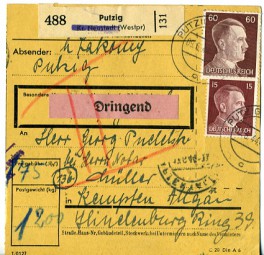 1944, 9.Jun., Paketkte. m. MiF. PUTZIG (WESTPR) c(Handstpl.) nach KEMPTEN (ALLGÄU) 2 a...