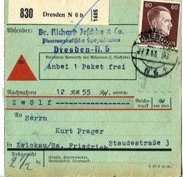 1943, 27.Jul., NN-Paketkte. m. EF. DRESDEN N6 k(Handstpl.) nach Zwickau. Porto: RM 0.60....