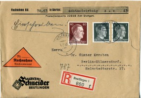 1943, 25.Feb., R-NN-Bf.m. MiF. REUTLINGEN 1 o(Handstpl.) nach BERLIN-WILMERSDORF.m. Po...