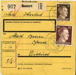 1943, 24.Jul., Paketkte. m. MiF. HOSTERT a(Handstpl.) nach DIEKIRCH c. Postlaufzeit: 0...