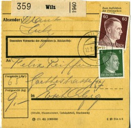 1943, 12.Feb., Paketkte. m. MiF. WILZ c(Handstpl.) nach ESCH-ALZIG n. Postlaufzeit: 1 ...