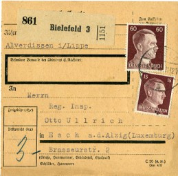 1943, 8.Feb., Paketkte. m. MiF. BIELEFELD 3.(Handstpl.) nach ESCH-ALZIG o. Postlaufzei...