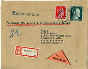 1944, 22.Feb., R-NN-Bf.m. MiF. TETSCHEN-BODENBACH 1 d(Handstpl.) nach Frankfurt/Main. Po...