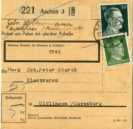 1942, 17.Nov., Paketkte. m. MiF. AACHEN 3(Handstpl.) nach Ulflingen. Porto: RM 0.55.