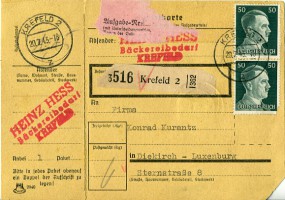 1943, 20.Jul., Paketkte. m. MiF. KREFELD 2 z(Handstpl.) nach DIEKIRCH c. Postlaufzeit:...