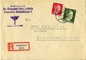1943, 31.Aug., R-Bf.m. MiF. KLAGENFURT 1.(österr. Handstpl.) nach Deutsch-Griffen. Porto...