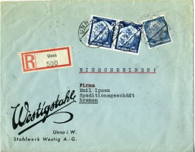 1935, 23.Mrz., R-Bf.m. MiF. UNNA *a*(Handstpl.) nach BREMEN 1 d. Postlaufzeit: 0 Tage....