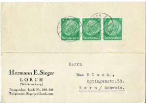 1939, 14.Sep., Kte. m. MeF. LORCH (WÜRTT.)(Handstpl.) in die Schweiz. Porto: RM 0.15.