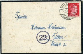 1945, 1.Feb., Bf.m. EF. WILLICH (BZ.DÜSSELDORF) a(Handstpl.) nach Dülken. Porto: RM 0.12...