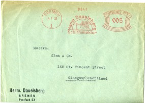 1933, 4.Jul., Drucks.-Bf. BREMEN 1 - HERM. DAUELSBERG SCHIFFSMAKLER(rot.Abs.-Freistpl.) ...